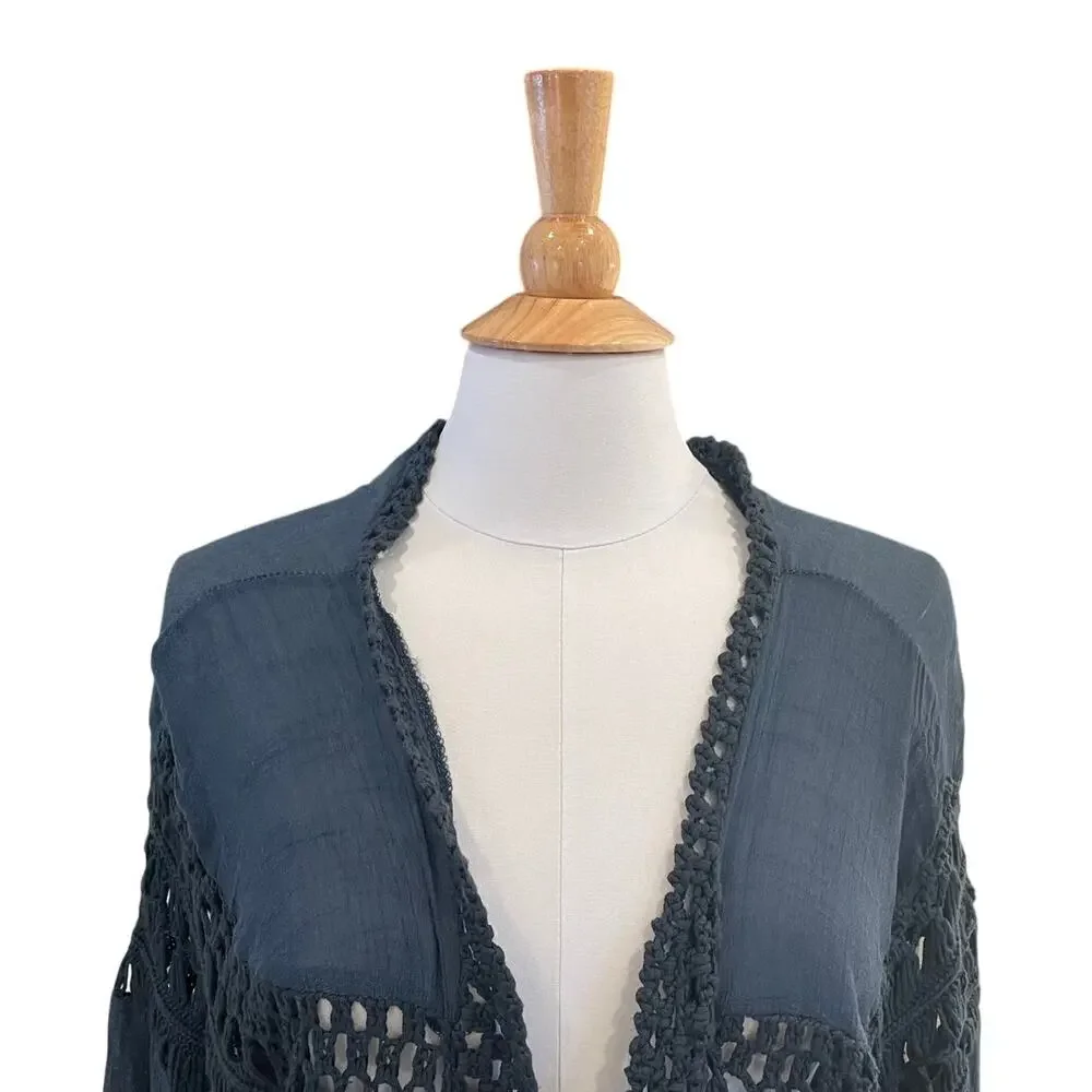 Do Everything In Love Navy Crochet Kimono, Duster, Cover-Up, Boho, Fringe, OS